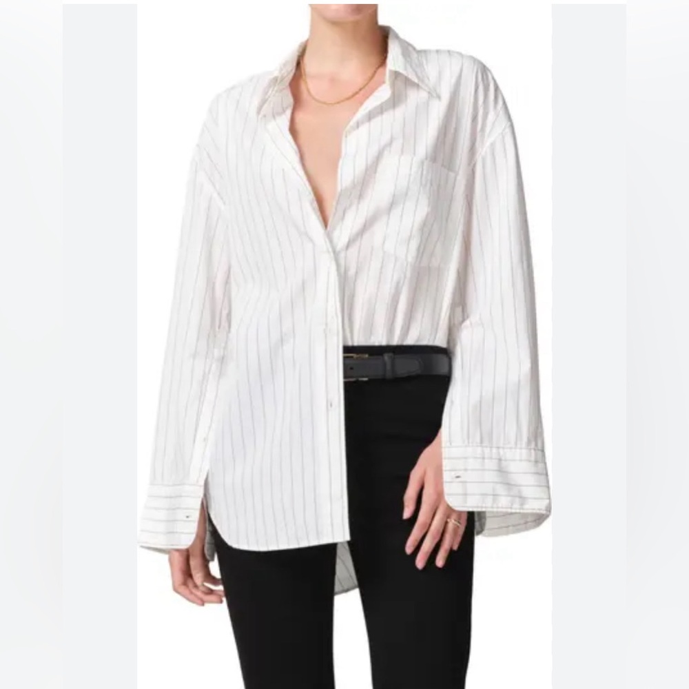 Women's White Oversized Pinstripe Button-Down Shirt